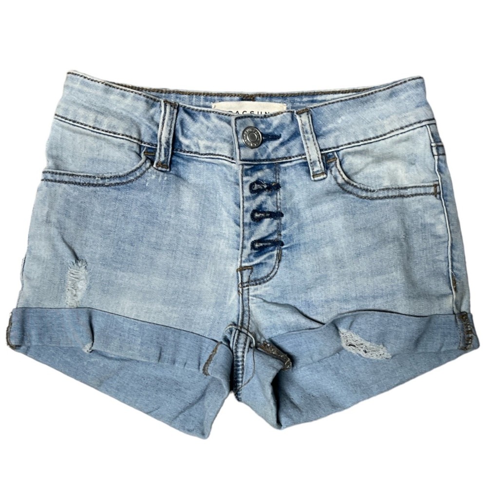 Pacsun Denim Shorts Girls 22/ 6 Small Cuffed Distressed Button Up Jeans Stretch